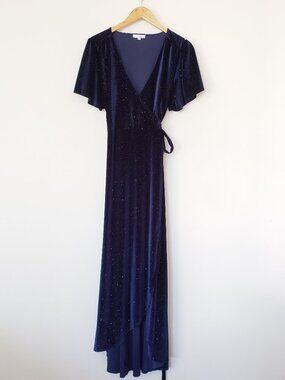 Baltic Born Calvin Dark Blue Sparkly Velvet Maxi Wrap Dress Size XL